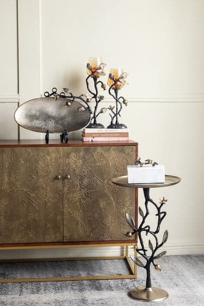Black And Gold Aluminum Side Table With Delicate Pomegranate sofa Table Design 13.8x13.8x24" end Table