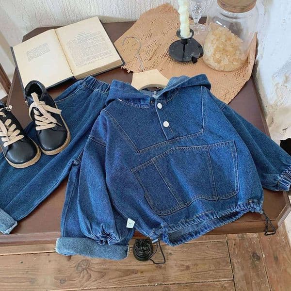 237 Boys/Girls Trendy Blue Jeans Matching Outfit w/Attached Hat Comfortable Dressing Gear from Toddlerhood through Early Childhood