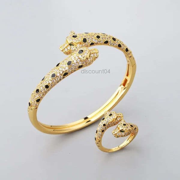 Trendy Full Diamond Double Head bracelet Ring High-end Light Fashion Luxury Silver Plated Leopard Bangle Bracelet