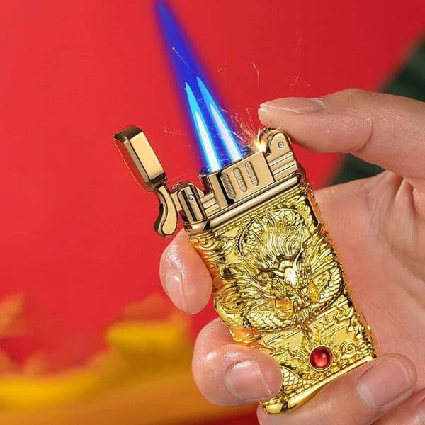 Windproof Double Blue Flame Inflatable Sand Wheel Ignition Metal Body Embossed Craft Exquisite Cigar Lighter