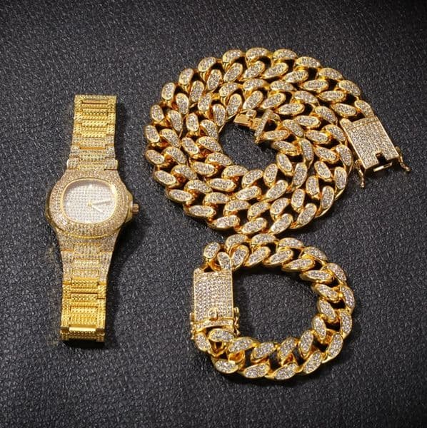 Hip Hop Bling Chains Jewelry Men Necklace Iced Out Diamond Miami Cuban Chain Rose Gold Silver Watch Necklaces Bracelet Set