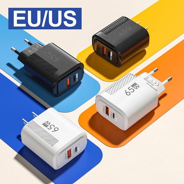 65W QC3.0 GaN USB C Wall Charger Block Quick Charge 3 Ports PD 33W Type C Cellphone Fast Charging Travel Power Adapter For iPhone 16 15 14 13 12 11 Samsung S25 S24 S23 S22