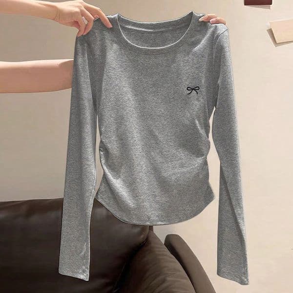 Women's Clothing Sring And Autumn Euroean And American Solid Color Long Sleeve Designer Shirt T-shirt Waist Polo Shirt Designer Hoodie Gathered Round Neck Pullover