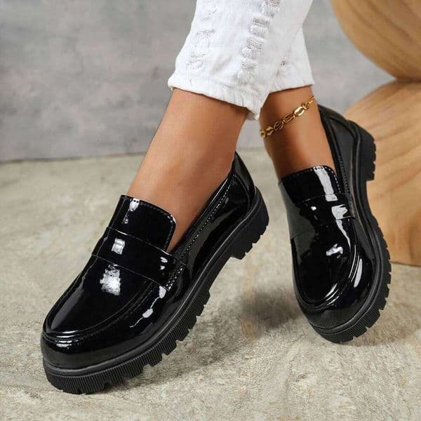 All-match Men's Black Patent Leather Loafers Non-slip Platform Casual Shoes for Daily Wear