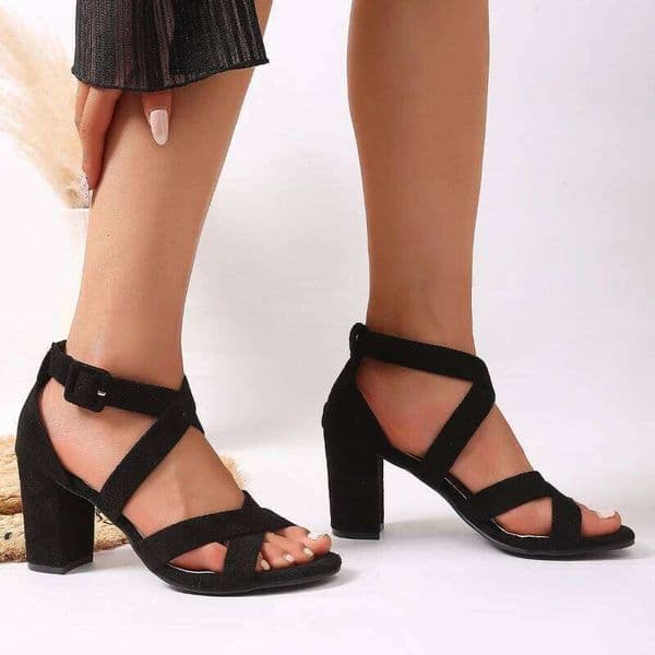 2025 Summer Women's New One Word Buckle Casual Black Simple Style High Heel Sandals