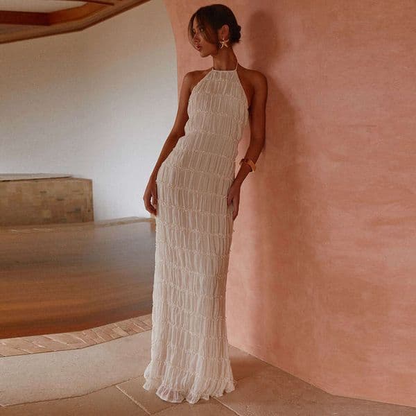 European and American foreign trade women's backless pleated fabric unique dress, new breathable lace-up ruffle long dress