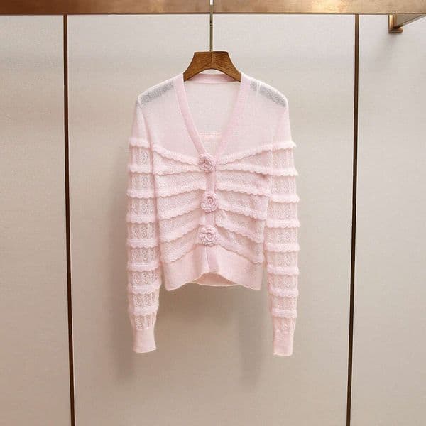 2026 high-end women's clothing A9 new autumn and winter collection soft style sweet pink flower crochet V-neck cardigan