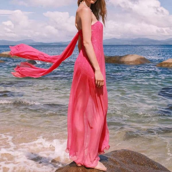 2026 Spring and Summer New Women's Rose Red Mesh Eye Skirt Designer Strapless Waist Strap d24 Lace Open Back Long Skirt