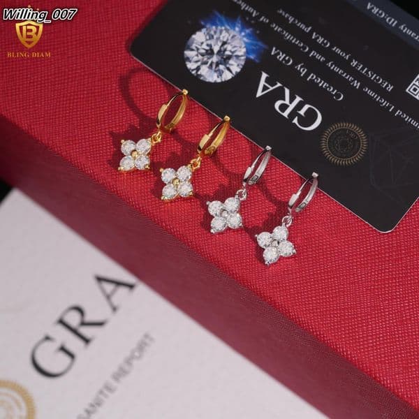 Flower Four Leaf Clover Lucky Hoop Earrings Wholesale Jewelry 925 Sterling Silver Vvs Moissanite for Women Man