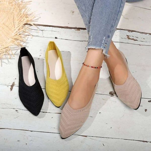 Women's Pointed Toe Solid Color Knitted Slip on Casual Comfortable Breathable Ballet Flat Shoes for Women