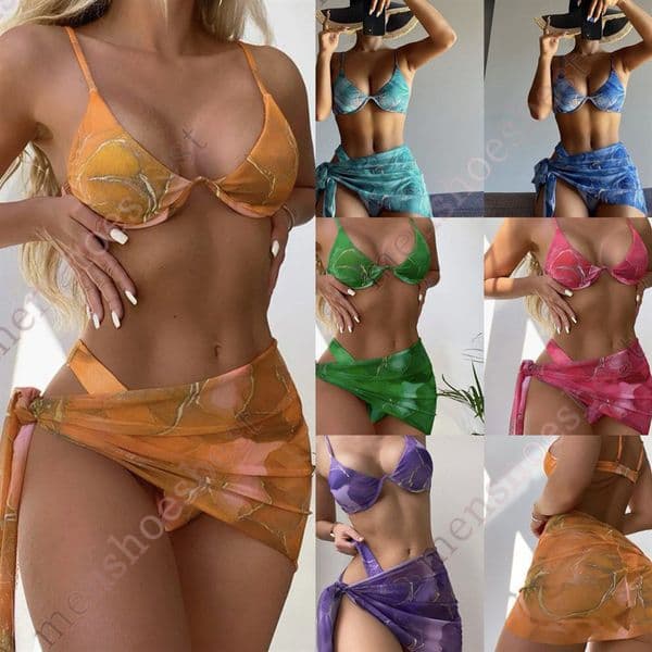 maillot new de bain designer swimsuit women ladies bikinis New multi-color printed corrugated steel strap bikin three-piece swim suit