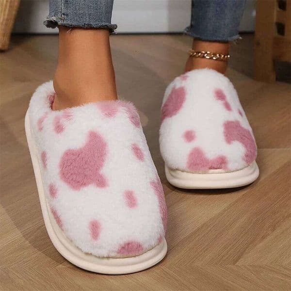 Cute Cow Spots Cotton for Women Round Toe Thick Sole Plush Slippers Woman Soft Faux Fur Warm Shoes Slides Female Winter