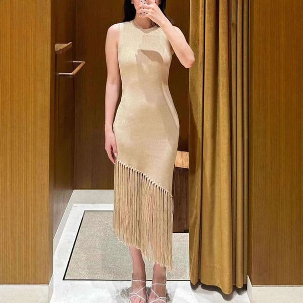 2026 Spring/Summer New French Elegant Sleeveless Tassel Gold Thread Knitted Round Neck Tight Waist Long Dress