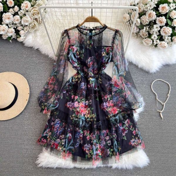 2026 spring and autumn high-end elegant long sleeved round neck waist slimming A-line mesh printed dress