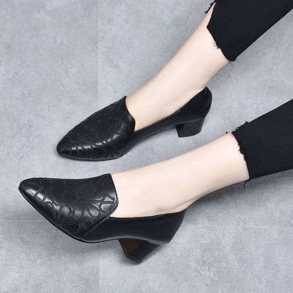 women cute black pointed toe patent leather floral slip on square heel shoes for office lady casual brown sexy party pumps a425