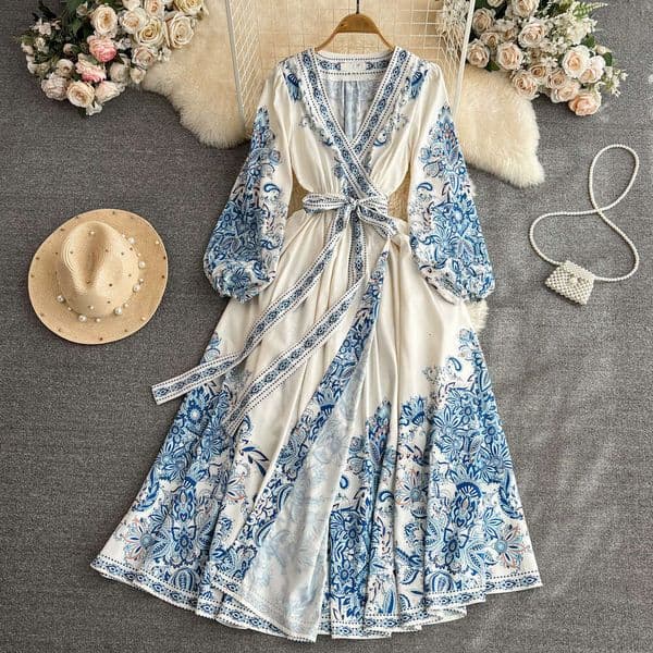 2026 Spring and Autumn Fashion Puff Long Sleeve V-neck Waist Slimming Tie Dyeing Celadon Printed Elegant Long Dress