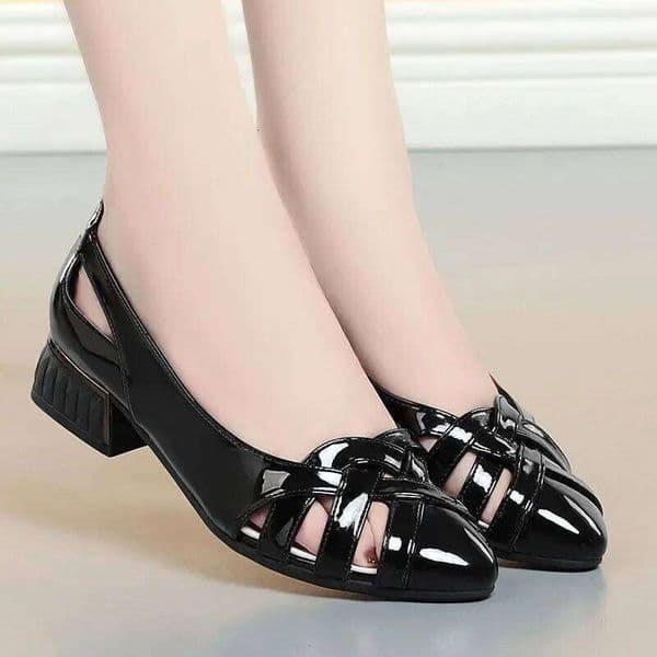 Women Cute Light Weight Hollow Out Spring & Summer Slip on Office Heel Lady Casual Black Patent Leather Party Shoes A17