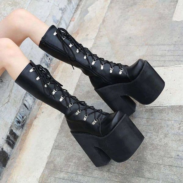 Gdgydh Women's Y2K Side Zipper Platform Knee High Motorcycle Black Closed Toe Lace Up Long Boots