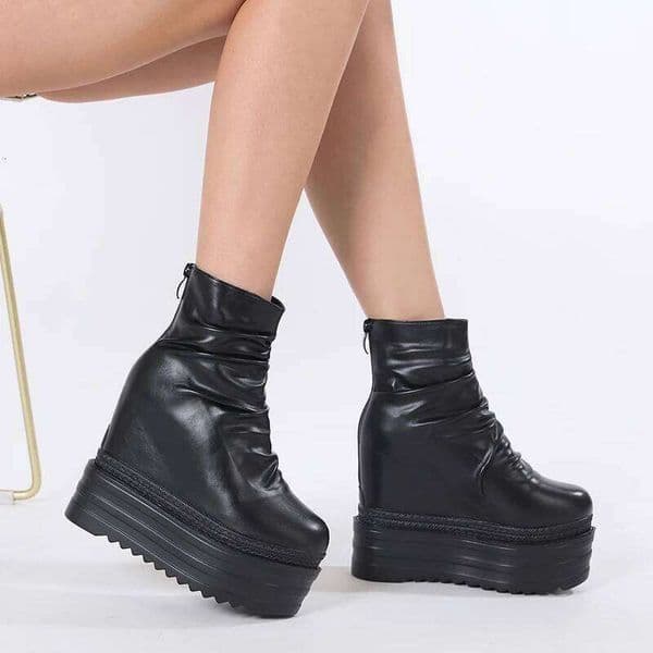 Gdgydh Womens Chelsea Zip Black Creeper Platform Wedge Heels Sponge Cake Muffin Inside Fashion Pleated Ankle Boots Height
