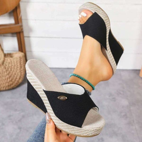 Lightweight Stylish Slippers Women's Solid Color Linen Wedge Casual Open Toe Platform Shoes Ladies Sandals