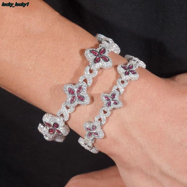 Unique Design Marquise Design Rapper Luxury Jewelry Hip Hop Pink Color Moissanite Iced Out S925 Silver Cuban Clover Bracelet
