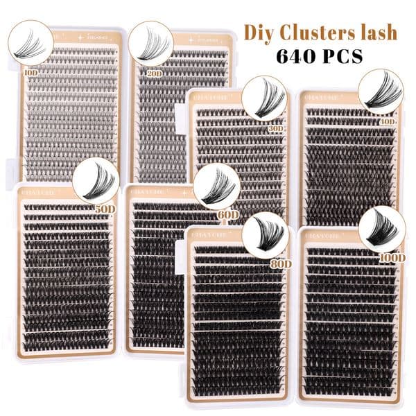 Dense & Slender DIY Cluster Lashes Kit with Lash Adhesive Brush Thick Fluffy DIY Individual Eyelashes Soft Lightweight Handmade Reusable D Curled Grafted Lashes