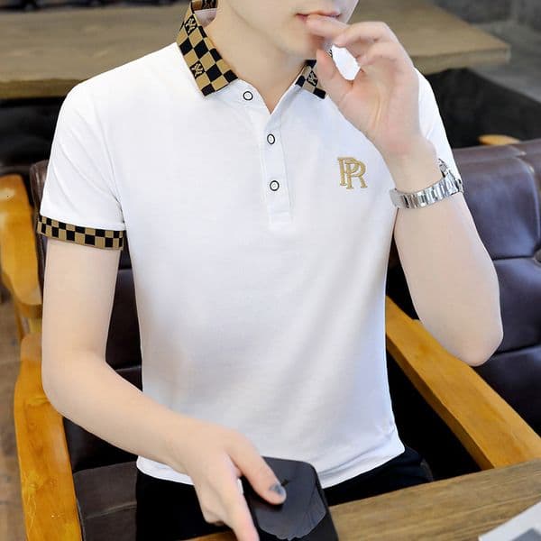 Clothes Designer Brand Fashion Turn-Down Collar Ice Silk Short Sleeve T-Shirt Men Summer New Luxury Korean Style Trendy Youth Half Sleeve Thin T-Shirt Top Men