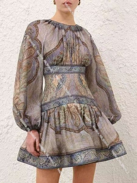 Zimmmmerman Australia 2026 Spring New Designer Zi Mmer Man Dress V-Neck Paisley Printed Lantern Sleeves Long Sleeved Jumpsuit Short Retro Vacation Zimmmerrman Eb8