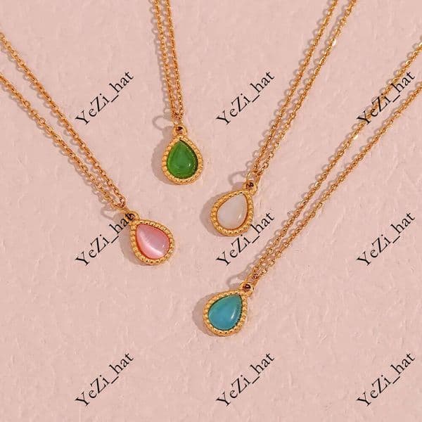 DHpet Ins Fashion Simple Versatile Sweater Chain Jewelry Stainless Steel Water Drop Cat's Eye Pendant Necklace for Women