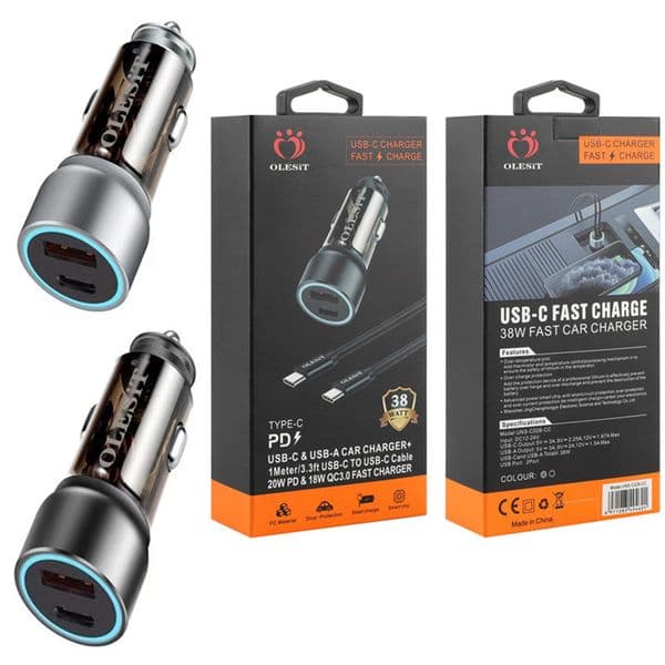 Olesit QC3.0 USB C PD 38W Car Charger Quick Charge With 1M Cable USB Type C Ports Fast Charging Cord Travel Power Adapter For iPhone 17 16 15 14 13 12 Samsung S26 S25 S24