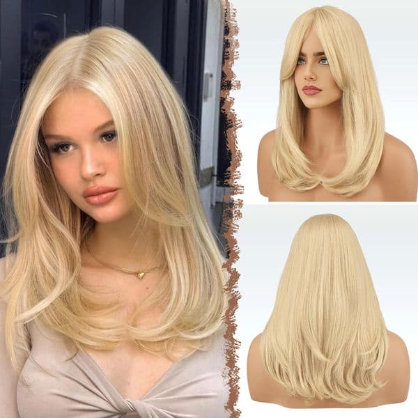 Blonde Wigs with Bangs - Long Layered Straight Light Blonde Natural Looking Synthetic Hair Wig for Women Daily Party Use, 18 inch