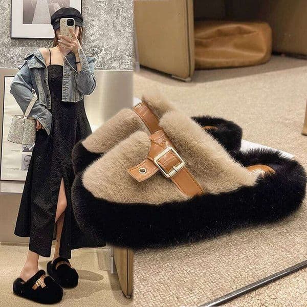 Women Mules Flats Platform Fluffy Slippers Warm Short Plush Winter 2025 Fashion Home Slingback Shoes Lady