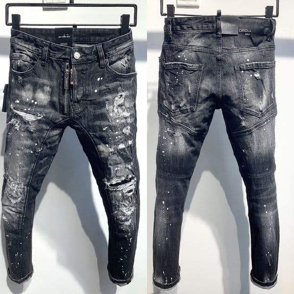 Men's jeans with free shipping, zipper-decorated ripped patch and cat claw design, unique washed effect, fashionable long jeans, slim-fit classic versatile style