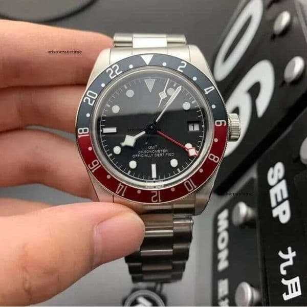 Miyota 9075 GMT Watches: Precision Automatic Wristwatch, Black Dial, 41mm, Classic Rivet Bracelet e5