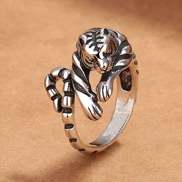 Simple bold personalized white vintage ethnic style zodiac tiger open ring versatile and creative index finger ring