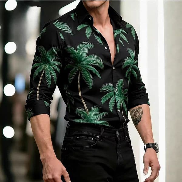 Style Men's Long-sleeve Shirt Stretch Designer Shirt Plant Print Casual Top Cross-border And Daily For Men