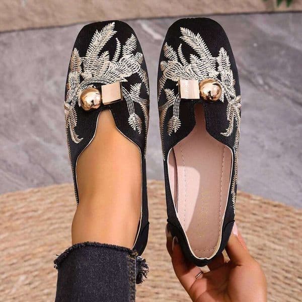 Embroidered Flat Single Women's Fashion Square Toe Shallow Mouth Metal Buckle Soft Sole Non-Slip Low Top Shoes
