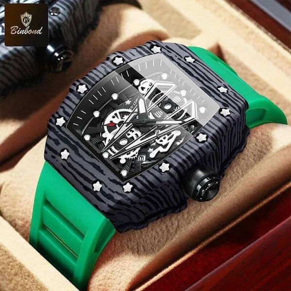 BINBOND Brand Domineering Barrel Curved Mirror Hollow Surface Sports Men Watch Silicone Quartz Wristwatch B8577