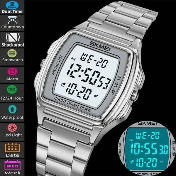 Skmei Unisex Digital Wristwatch Luxury Full Steel Strap 30M Waterproof LED Light Dual Time Zone Mens Sports Bracelet Watches