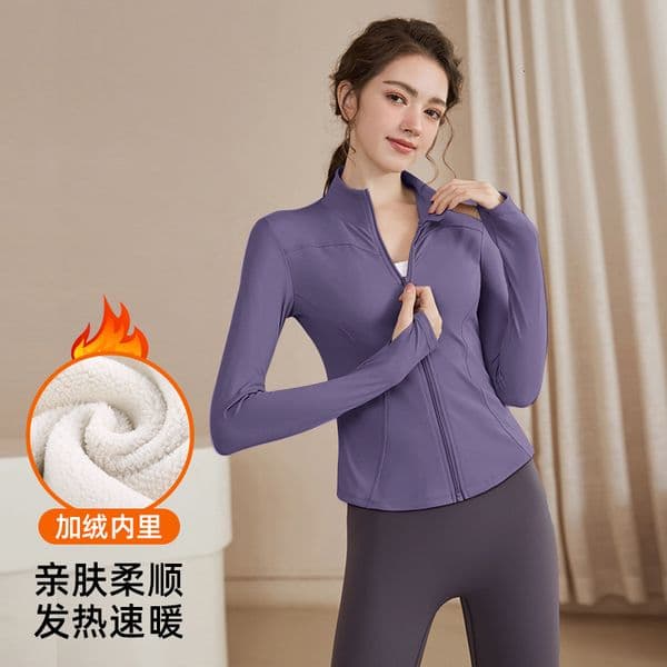 Ddmyoutdoor Stand-Up Collar Fleece-Lined Thick Yoga Jacket For Women, Spring Outdoor Running Sports Fitness Long-Sleeve Zip-Up Cycling Top Yoga Clothes