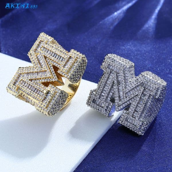 VEROMCA Custom 26 Letters Hip Hop Shiny Princess Cut Copper MoissaniteVVS Gold Plated Iced Out Initial Letter Ring