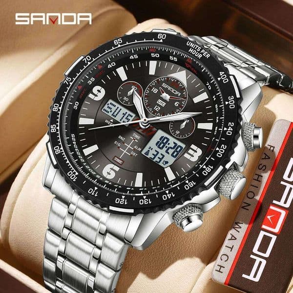 SANDA 6362 Fashion Men's Watch Electronic Quartz Dual Display 5ATM Waterproof Luminous Multi functional Belt stopwatch Timing