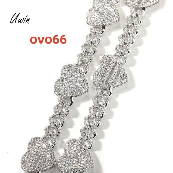 Deluxe Heart Baguette Necklace Iced Out CZ Bling Choker for Men and Women Gold Plated 9mm Cuban Link Chain Hip Hop Style