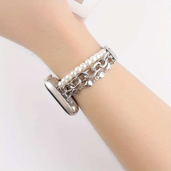 Bracelet-style pearl strap paired a Cuban chain watch band is suitable for Apple Watch with 38-49mm dial sizes