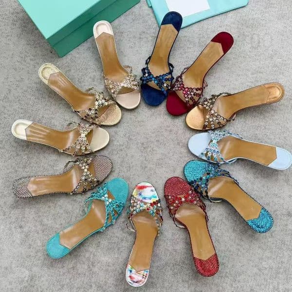 Shine glitter Rhinestone Embelished Mules Luxury designer women slip on stiletto heel sandals Open toe high heel slippers Fashion simple round toe 35-42 box