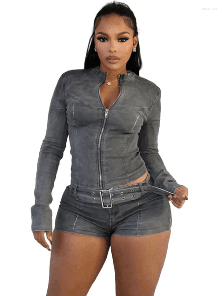 Womens Tracksuits Sexy Denim Womens 2 Two Piece Set Stretchy Long Sleeve Zip Up Slim Jackets And Shorts Suits Y2k Belt Jean Outfit Sets