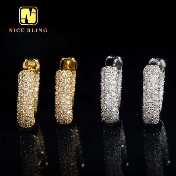 RTS Iced Out Moissanite Diamond Earrings 925 Silver Jewelry Trendy Hip Hop Hoop Ear Rings 3 Rows Diamonds for Men Women