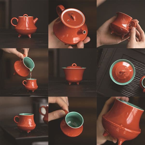 Tang Song Dynasty Forbidden City red turquoise green three-legged kung fu set, ceramic gaiwan, teapot, teacup, tray, and tea ceremony accessories collection