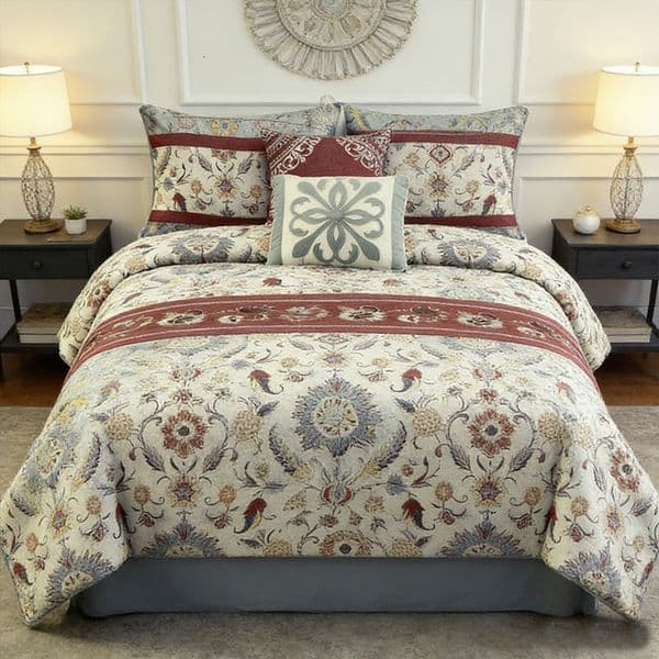 Vintage Floral Embroidered Bed in a Bag Set - 100% Polyester Faux Linen, 280GSM Filling, Soft Microfiber Backing, Queen Size Bedding Set