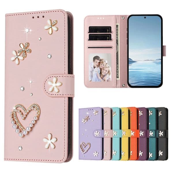 S26 Pro Flower Heart Love Leather Wallet Case For Samsung S25 Edge S24 Ultra A57 A37 A17 A07 A26 A56 A36 A16 Luxury Bling Diamond Girls Lover Flip Cover Holder